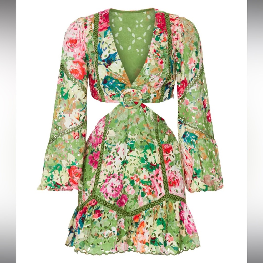 XS Hemant & Nandita short green eyelet crochet cutout dress floral print